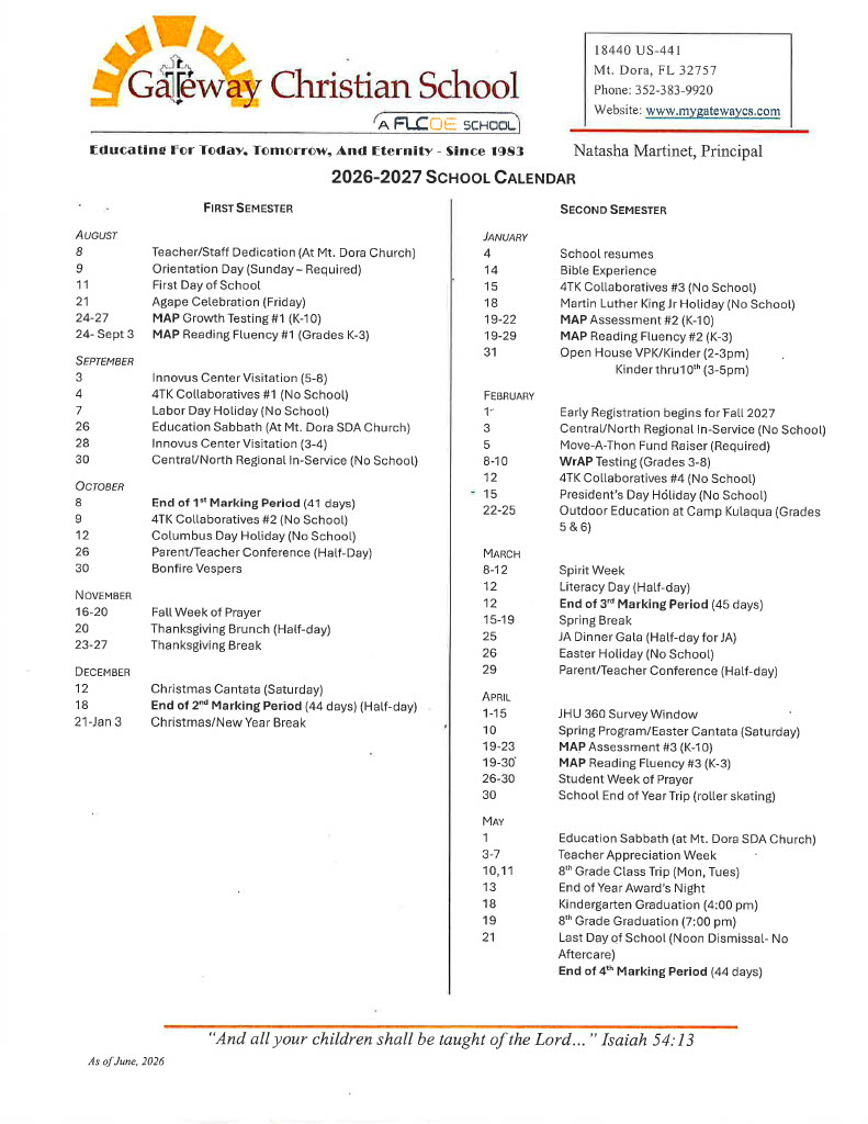 Gateway Christian School 2026-2027 calendar page with monthly dates and events.